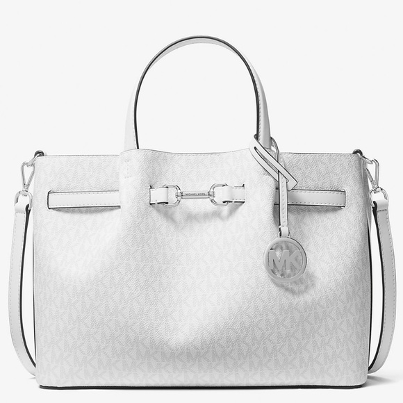 Michael Kors Carson Medium Signature Logo Satchel Bag Optic White - Picture 1 of 9